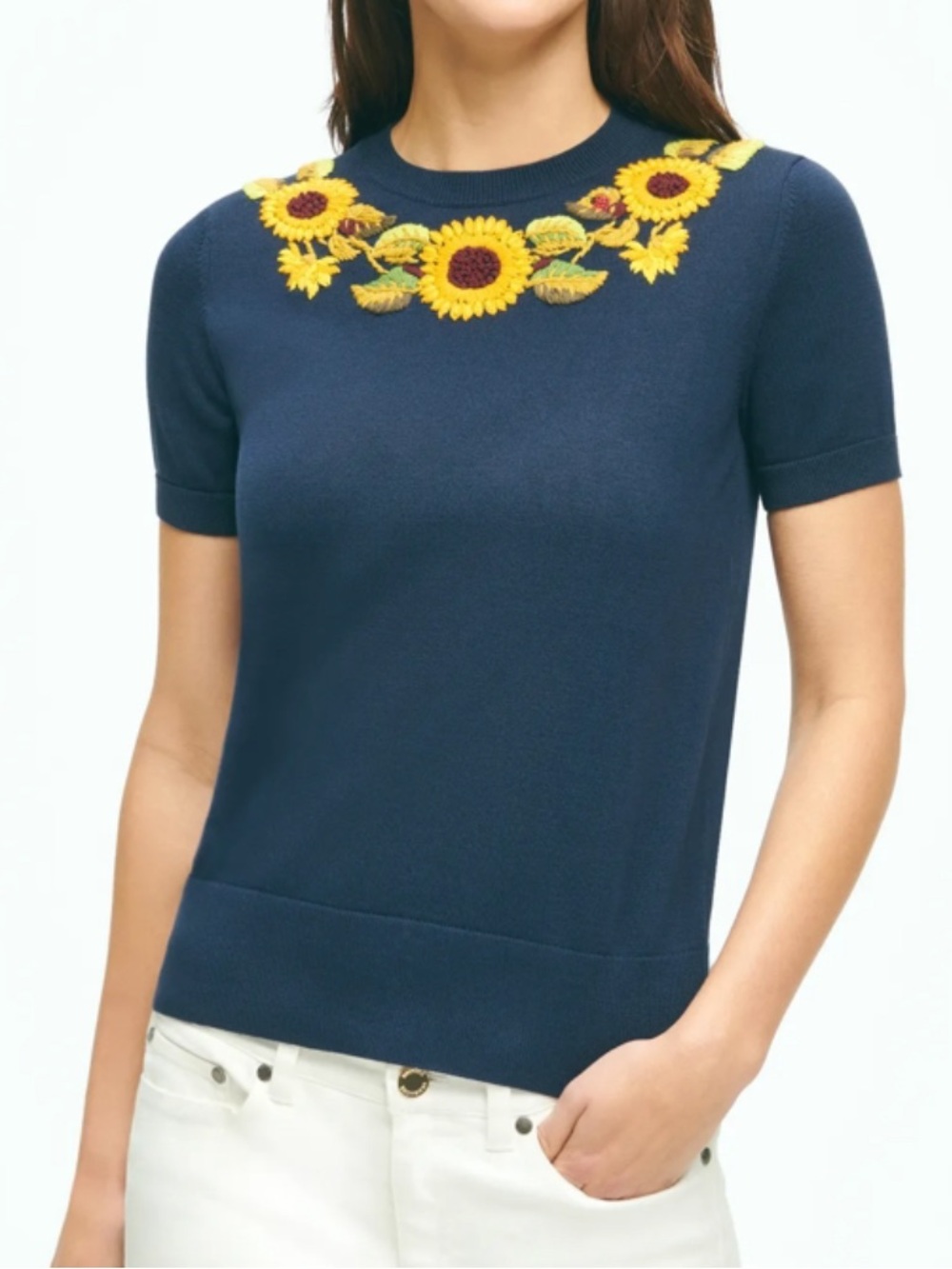 Brooks Brothers Sunflower Embroidered Navy Short-Sleeve Sweater Top